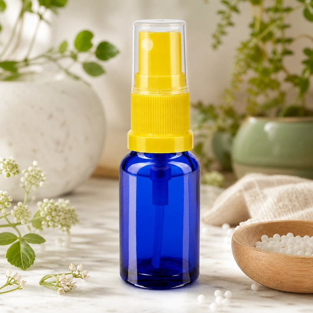 Apothekenflasche blau 30ml Sprayaufsatz gelb Schlanke Blauglas-Flasche 30ml mit gelbem Zerstäuber neben Homöopathie-Globuli