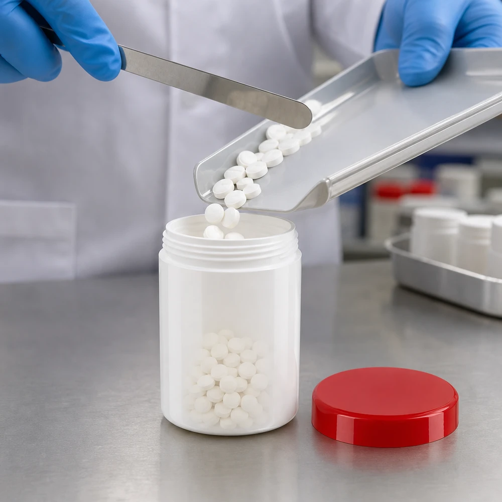 Pot à onguent blanc 75 g avec couvercle rouge (PP) Gants de laboratoire bleus lors du remplissage précis d'un pot en PP blanc de 75 g muni d'un couvercle rouge