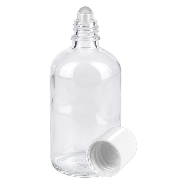 Flacone roll-on trasparente 100ml STD bianco ApoGlas Flacone roll-on trasparente 100ml STD bianco ApoGlas