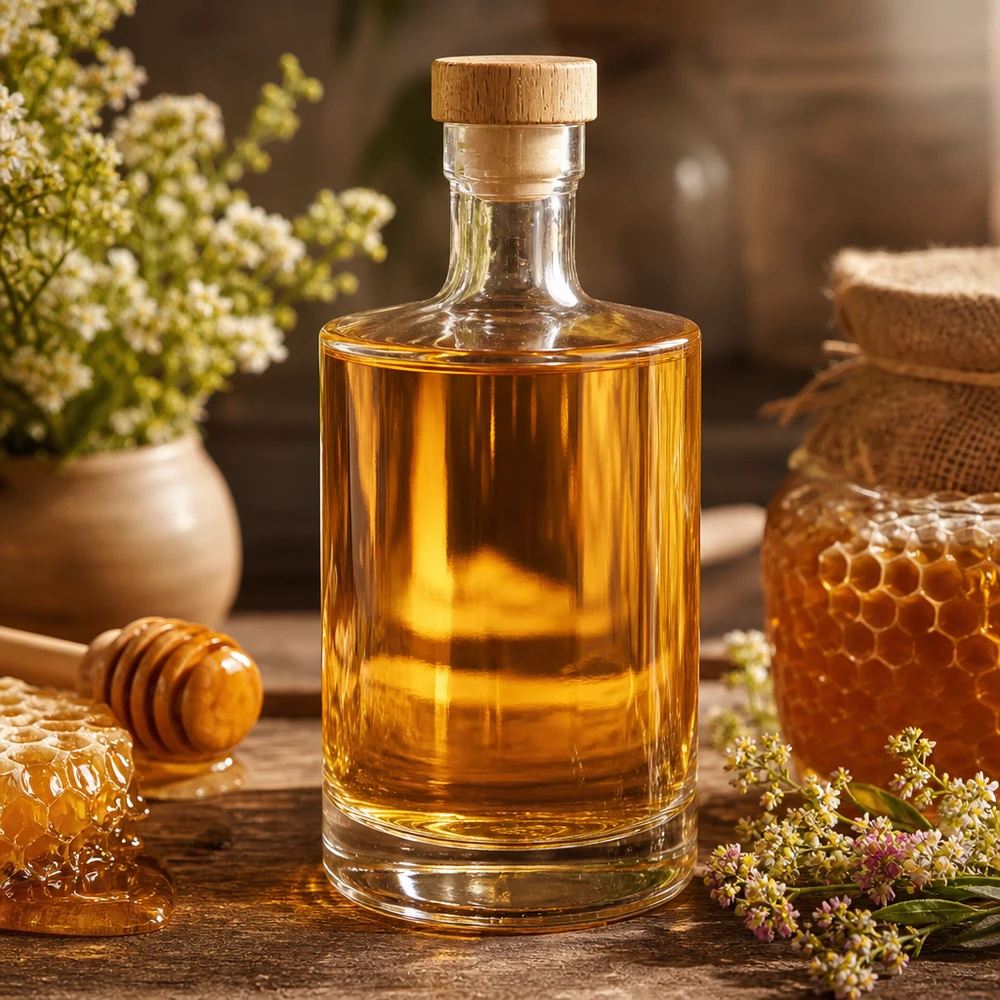Bottiglia in vetro da 500 ml 500ml Glasflasche "Marie" mit Holzgriff-Korken UNiTWIST con tappo in sughero con impugnatura in legno UNiTWIST® 500ml Glasflasche Marie gefüllt mit Honig in rustikaler Küche - perfekt für Sirupe, Liköre und hausgemachte Spezialitäte