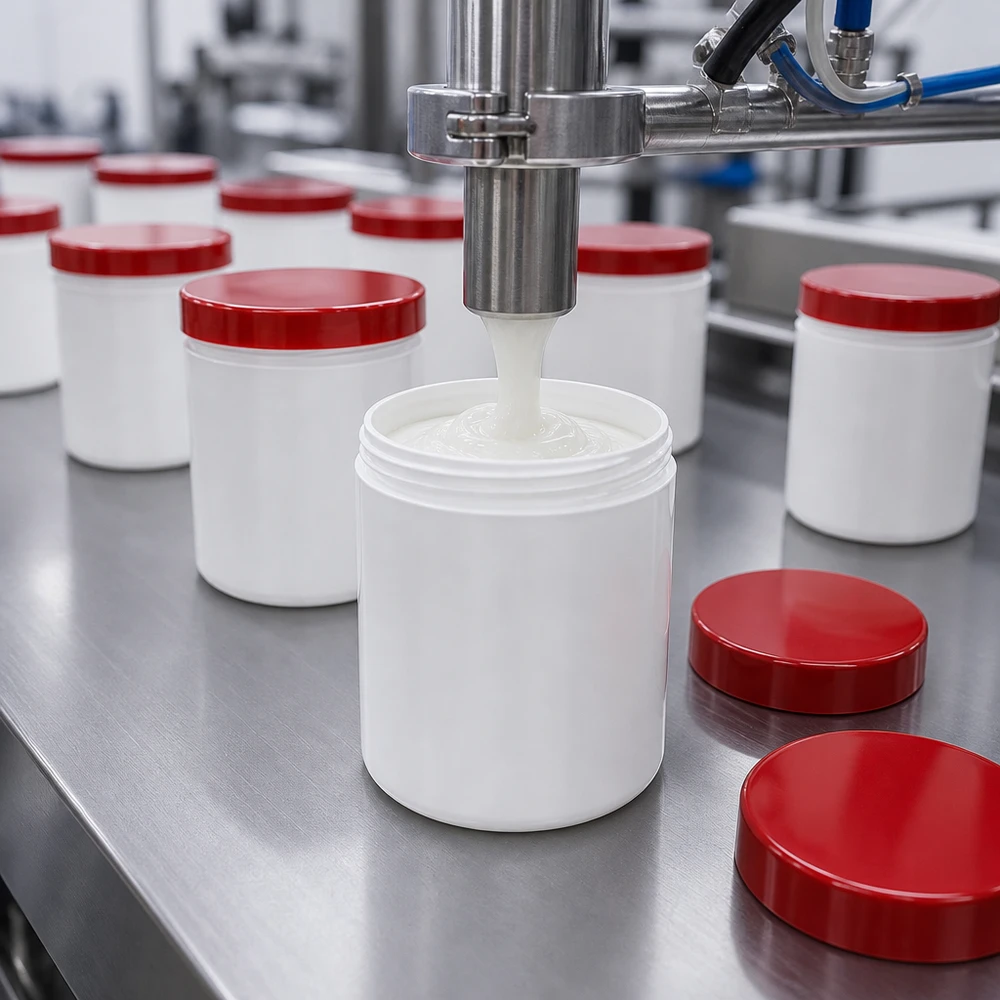Plusieurs pots de pommade blancs de 250 g avec couvercles rouges en PP sur une chaîne de production en acier inoxydable