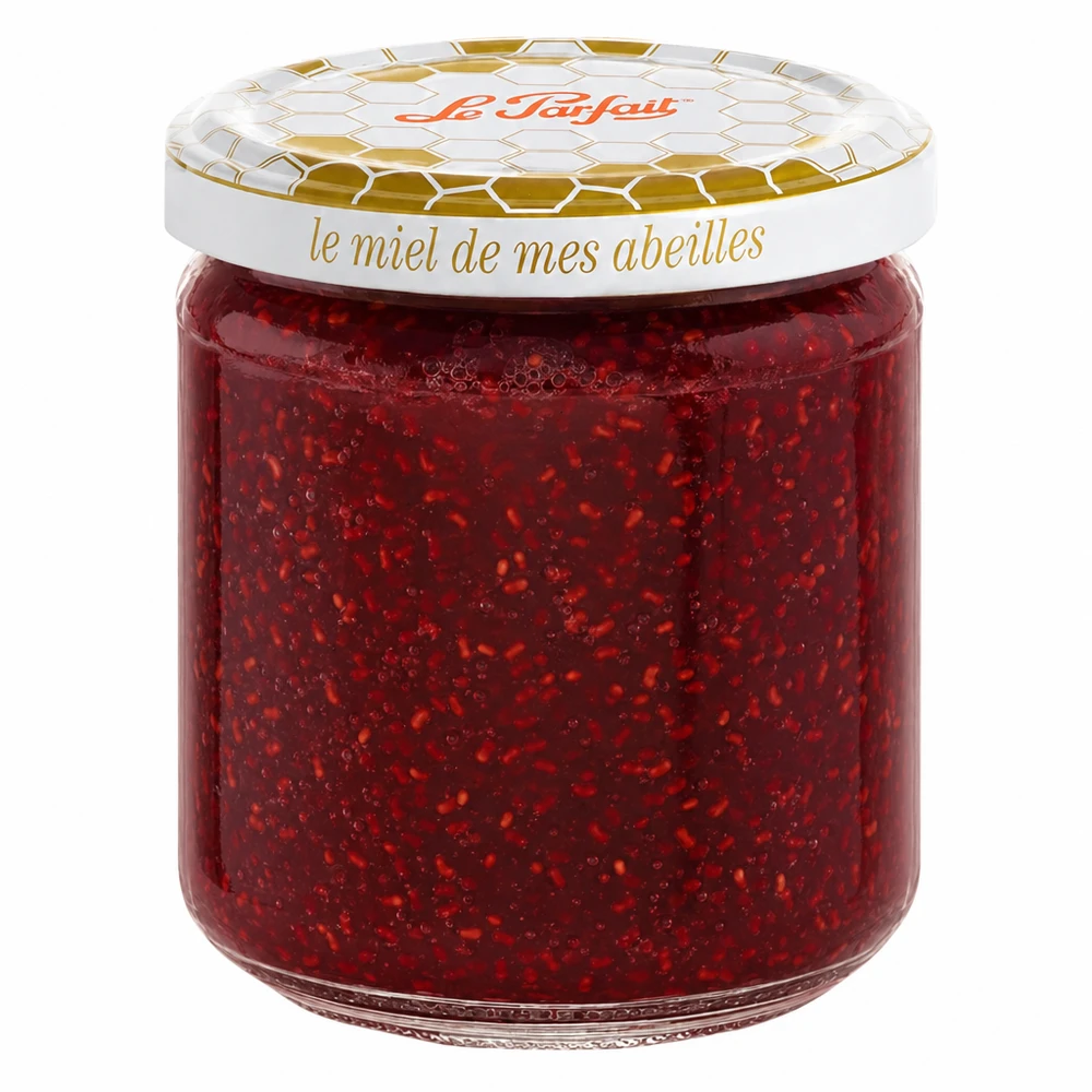 Le Parfait® vaso miele 212 ml Ø63 mm Vasetto per conserve di miele Le Parfait da 212 ml con coperchio a nido d'ape dorato, riempito di confettura di fragole rosse