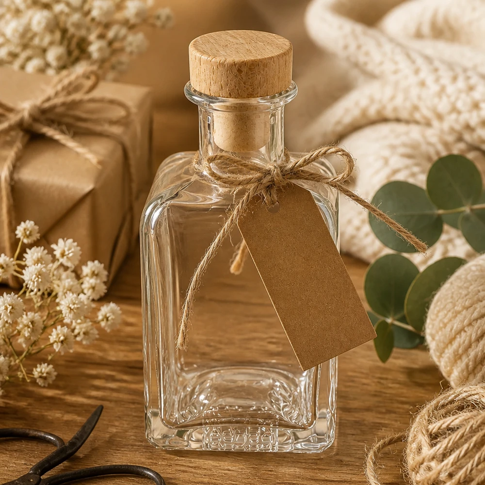 Flacone farmaceutico da 200 ml Clara con tappo in sughero con impugnatura in legno UNiTWIST® 200ml Glasflasche Clara mit Kraftpapier-Anhänger Holzkorken Geschenkverpackung natürliche Materialien Vintage-Stil