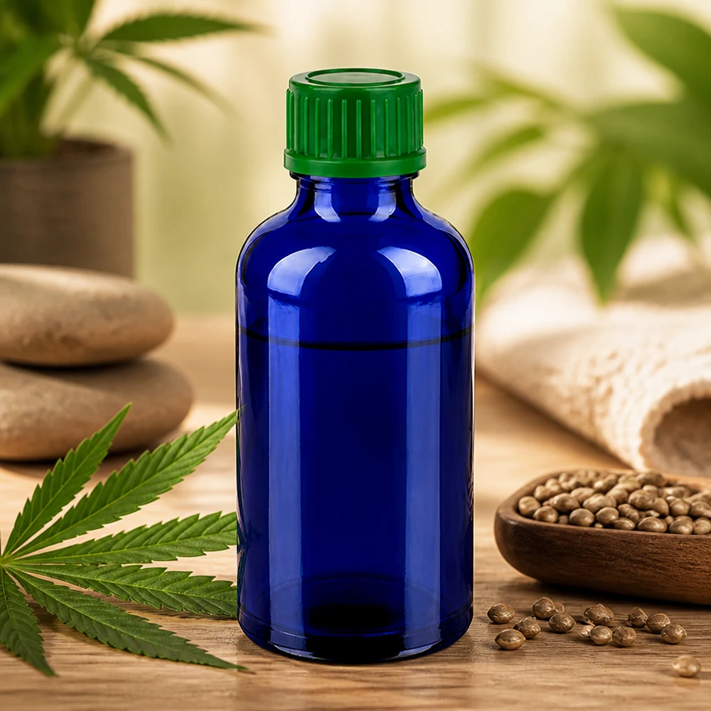 Bottiglia piccola da 50 ml in vetro blu con pratico tappo a vite verde, da portare sempre con sé