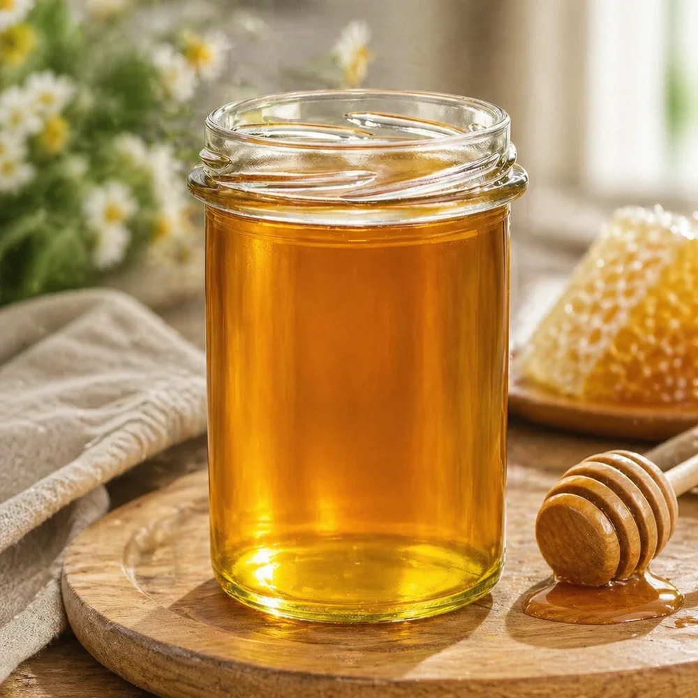 UNiTWIST Sturz230 Honigglas 230ml TO66 mit goldenem Honig gefüllt neben Honigwabe und Honiglöffel