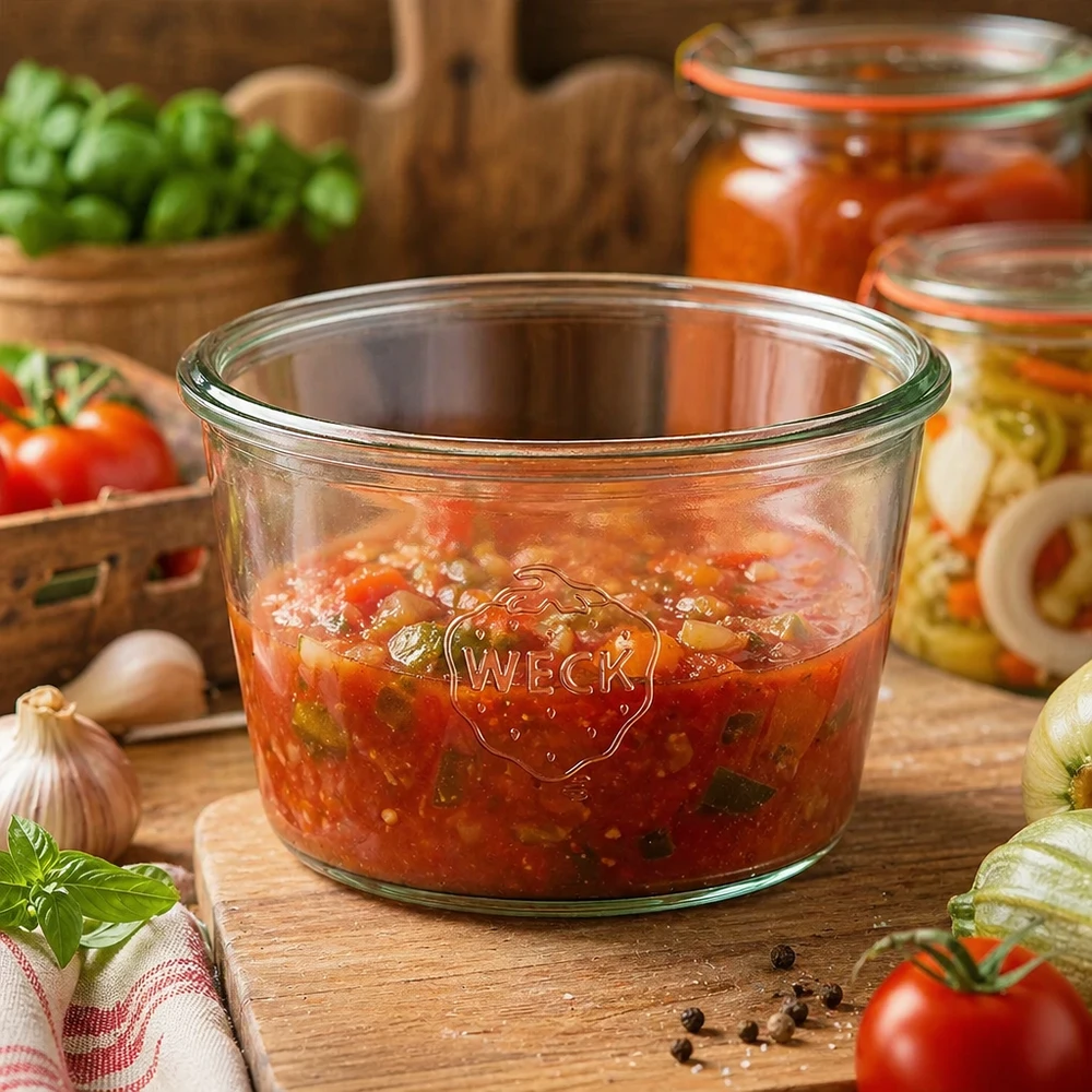 Bicchieri da 370 ml WECK RR100 Barattolo WECK 370ml RR100 pieno di salsa di pomodoro su un tavolo di legno accanto a pomodori freschi ed erbe aromatiche