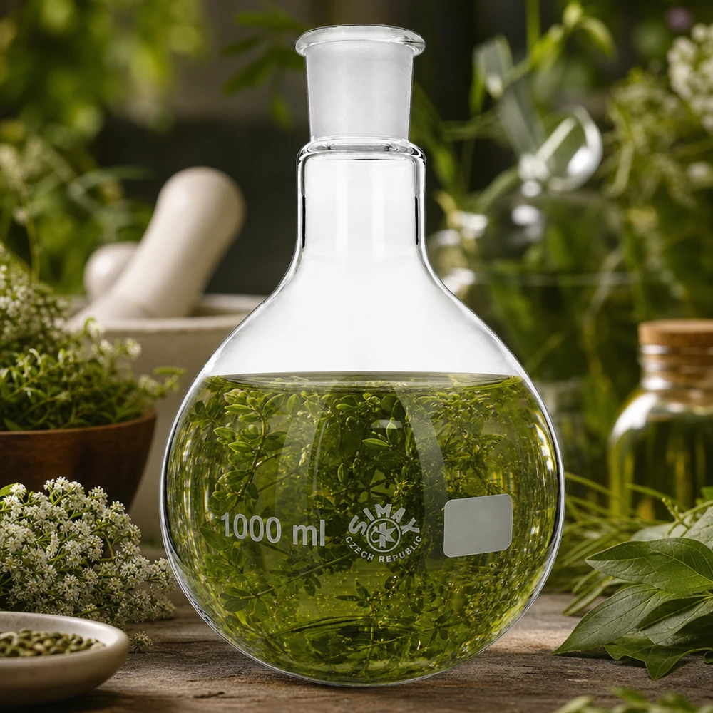 Pallone da 1000ml con giunto standard smerigliato (29/32) Pallone a fondo tondo da 1000 ml in vetro da laboratorio con liquido verde per analisi fitochimiche