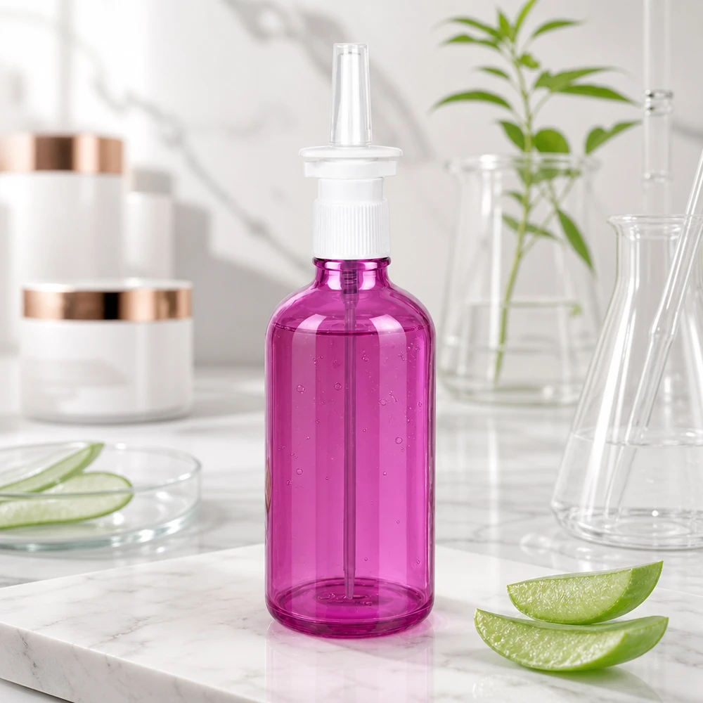 100ml Nasensprayflasche weiß/transparent Standard PurpleLine UT18/100 Moderne purpurfarbene 100ml Flasche mit weißem Sprühmechanismus für therapeutische Zwecke