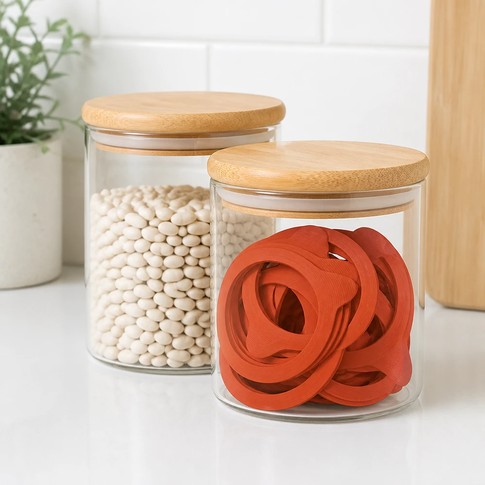 Anello di conservazione in gomma naturale RR100 Rote Einkochringe RR100 aus Naturgummi in Vorratsglas mit Bambusdeckel neben weißen Bohnen in moderner Küche