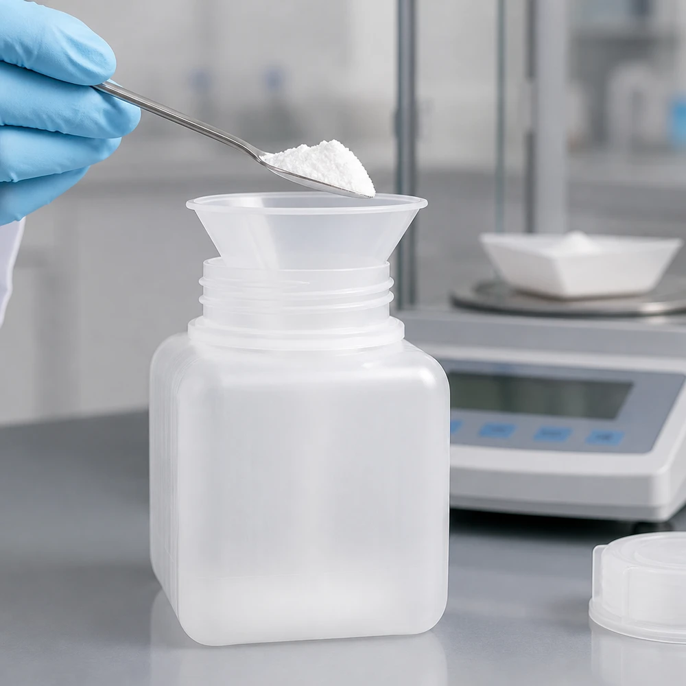 Flacon de produits chimiques carré de 500 ml en PE-HD, couleur naturelle, avec une large ouverture pour le remplissage de poudre