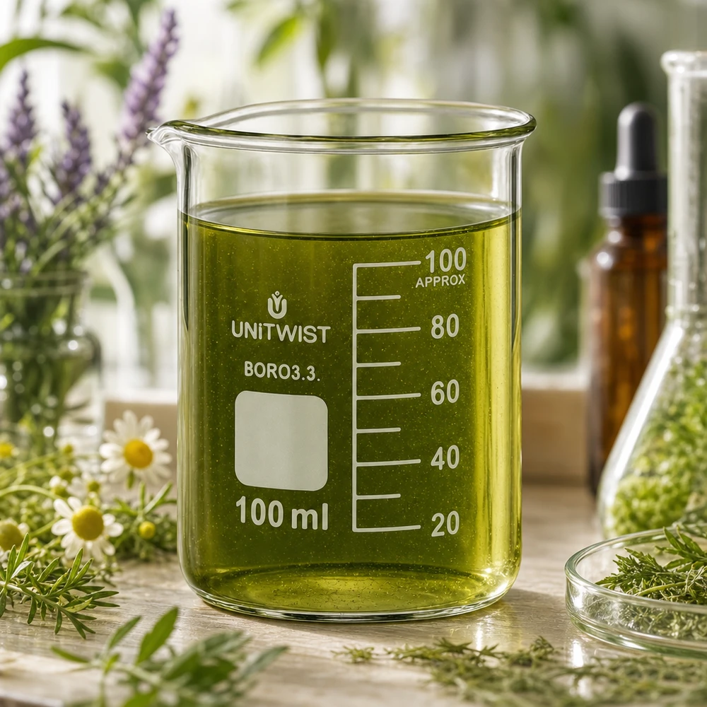 Bicchiere 100ml borosilicato, stampo basso UNiTWIST Bicchiere UNiTWIST da 100 ml con estratto di erbe verdi circondato da erbe medicinali fresche