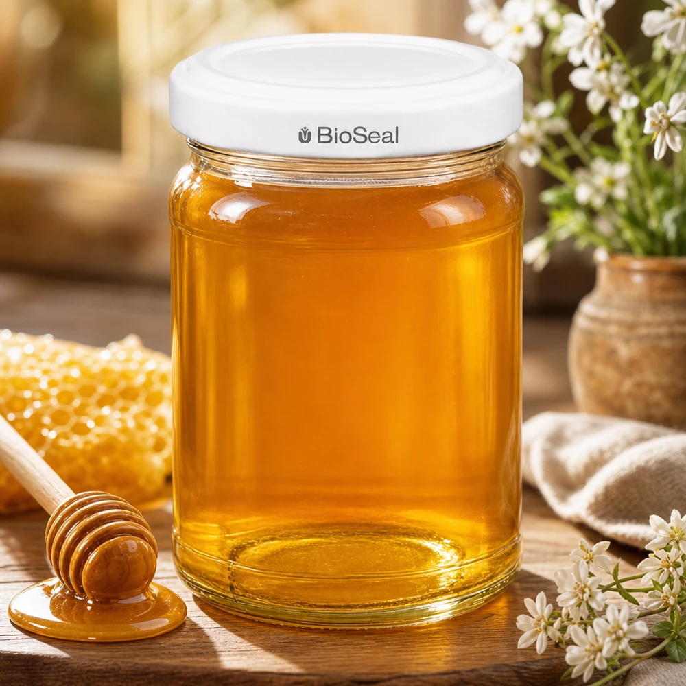 UNiTWIST Runda205 Pot de miel avec couvercle blanc TO58 BioSeal à côté du rayon de miel et de la cuillère à miel dans un environnement naturel