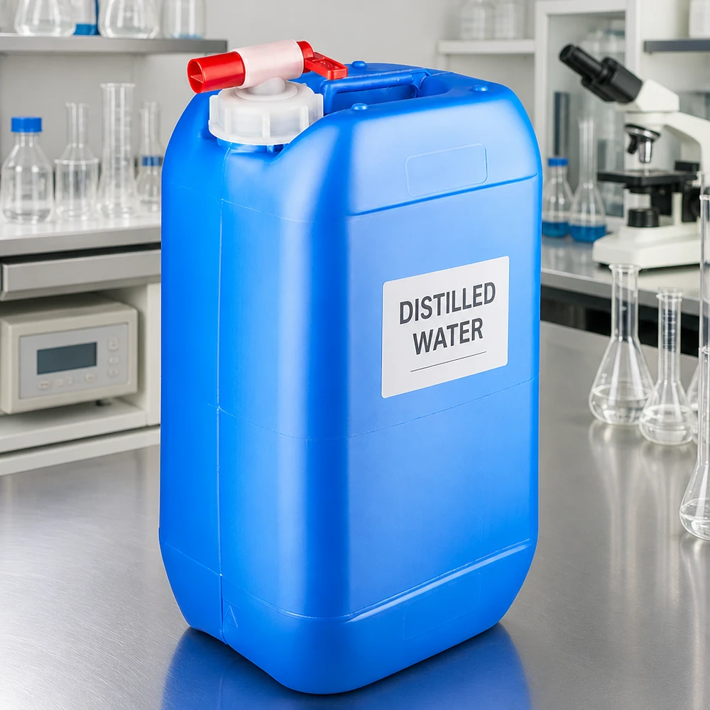 Bidon 15 litres bleu avec robinet Bidon d'eau distillée de 15 litres, bleu, avec robinet de vidange, destiné à un usage en laboratoire