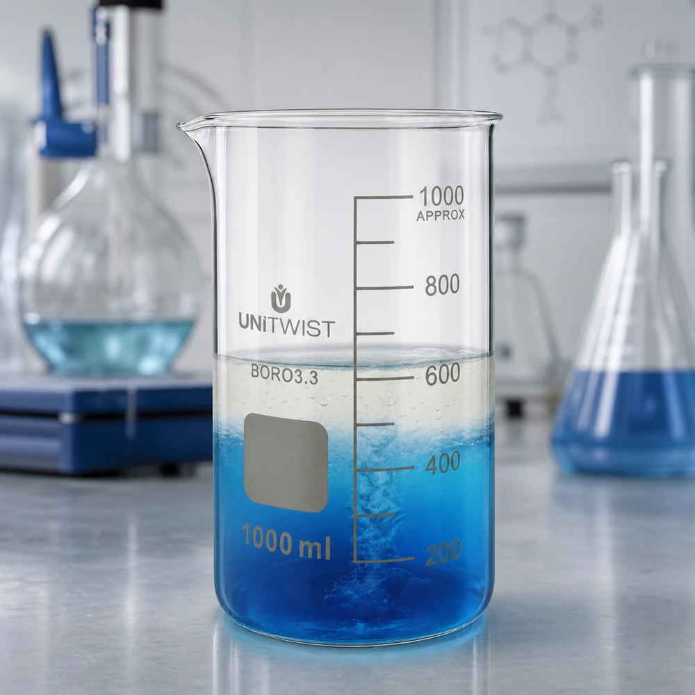 Bicchiere 1000ml borosilicato, stampo alto UNITWIST Bicchiere da laboratorio da 1000 ml in borosilicato, modello alto UNITWIST, con soluzione blu e formazione visibile di bolle