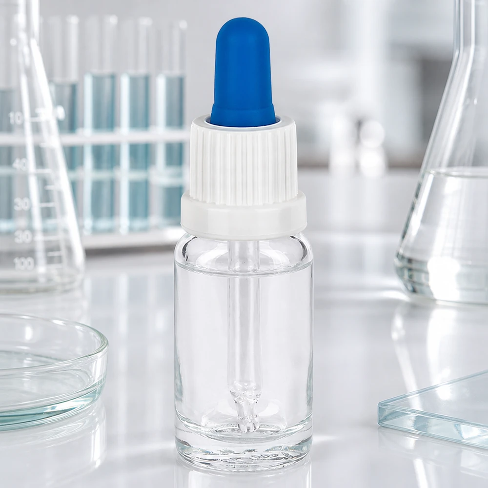 Flacone con pipetta in vetro trasparente da 10 ml in laboratorio con provette, becher e piastre di Petri