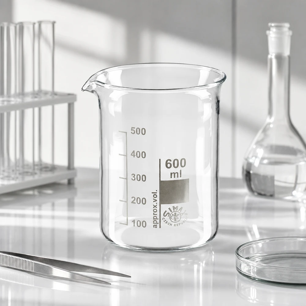 Bicchiere 600ml in vetro borosilicato, forma bassa Bicchiere trasparente da 600 ml a stampo basso in vetro borosilicato di alta qualità con graduazione precisa