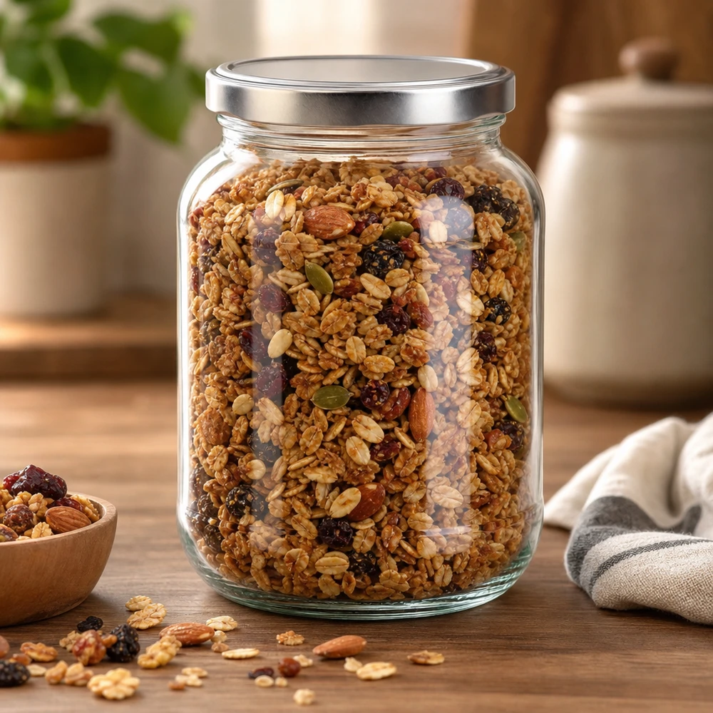 Barattolo ovale da 370 ml con coperchio a vite argentato, riempito con muesli e frutta secca come contenitore in cucina