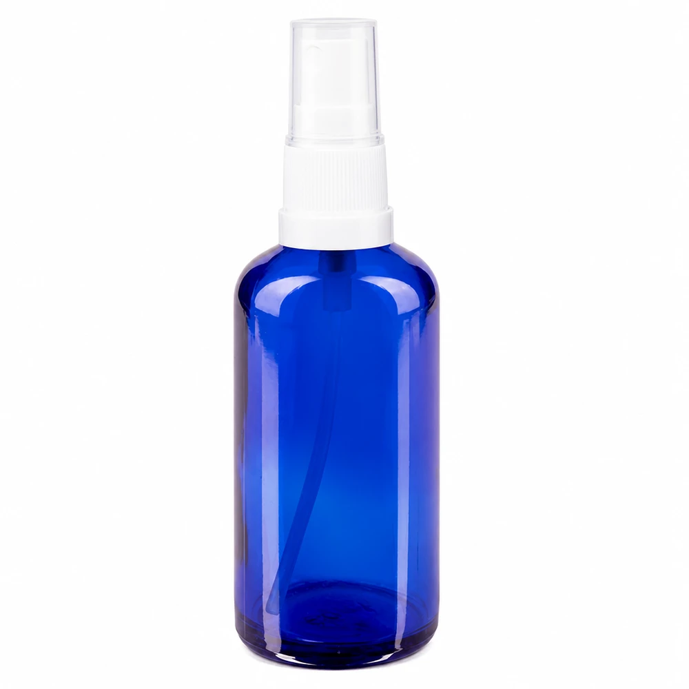 Runde kobaltblaue 50ml Glassprayflasche mit UV-Schutz und weißem Sprühkopf