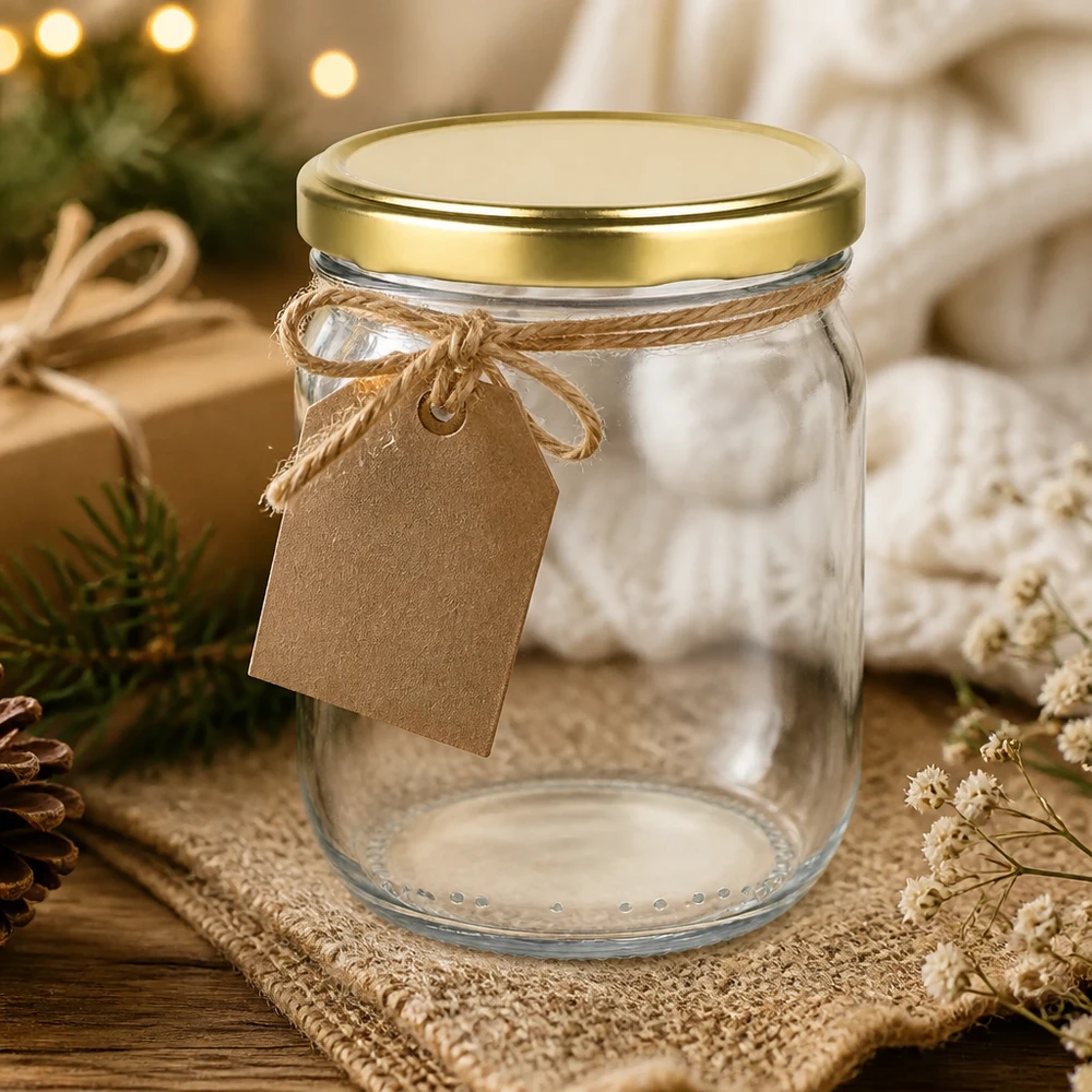 Barattolo di vetro rotondo da 425 ml con coperchio BasicSeal oro UNiTWIST 425ml Rundglas mit goldenem Deckel als Geschenkverpackung - dekorative Aufbewahrung mit Kraftpapier-Anhänger
