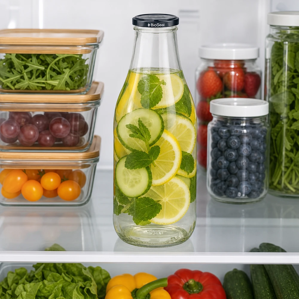 1000ml Glasflasche + BioSeal Deckel schwarz UNiTWIST 1000ml Glasflasche mit Gurkenwasser im Kühlschrank neben Meal Prep Behältern Beeren Gemüse nachhaltige Aufbewahrung