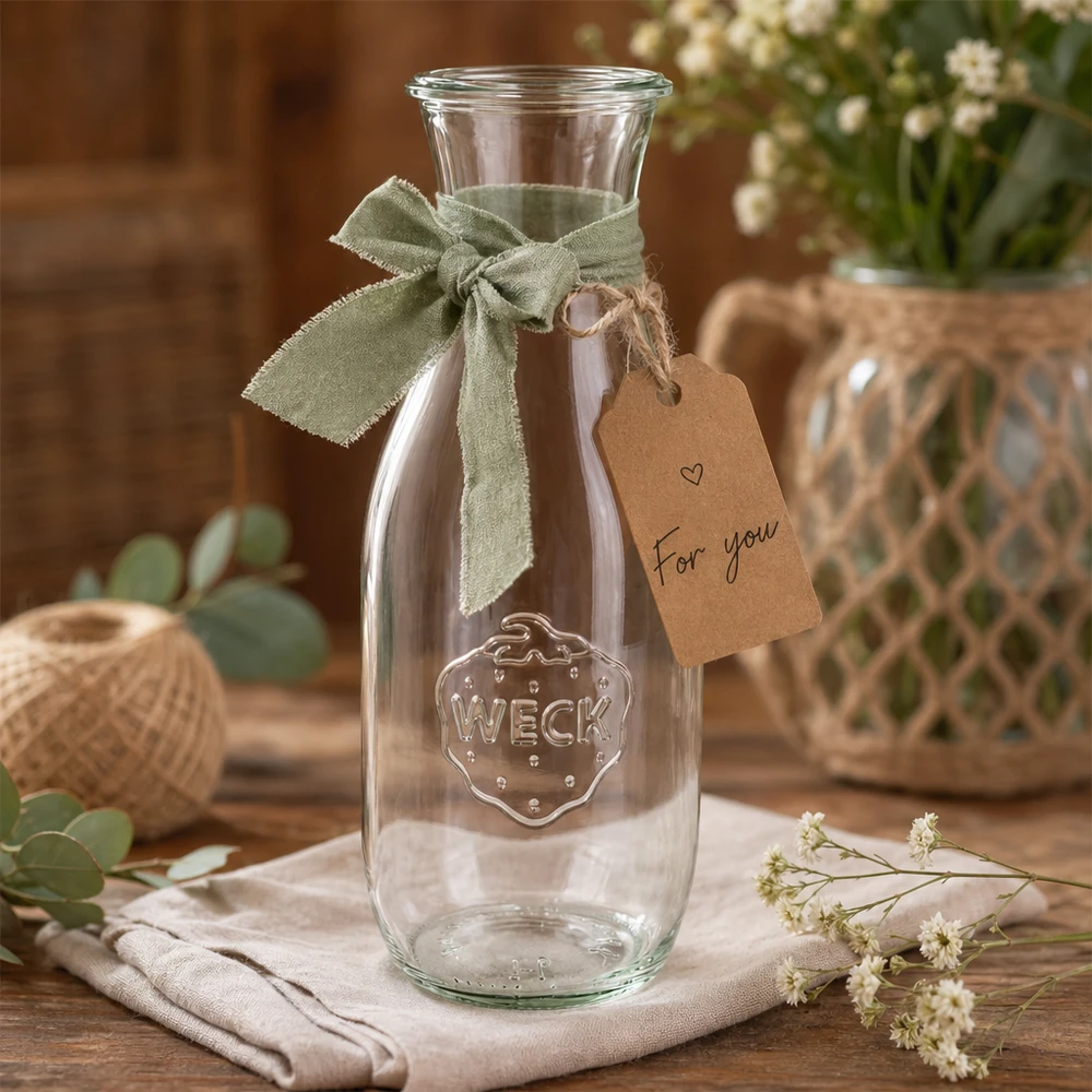 Bottiglia per succhi da 1062 ml WECK RR60 Bottiglia di succo WECK 1062ml RR60 decorativa con nastro verde e etichetta regalo Per te tra i fiori