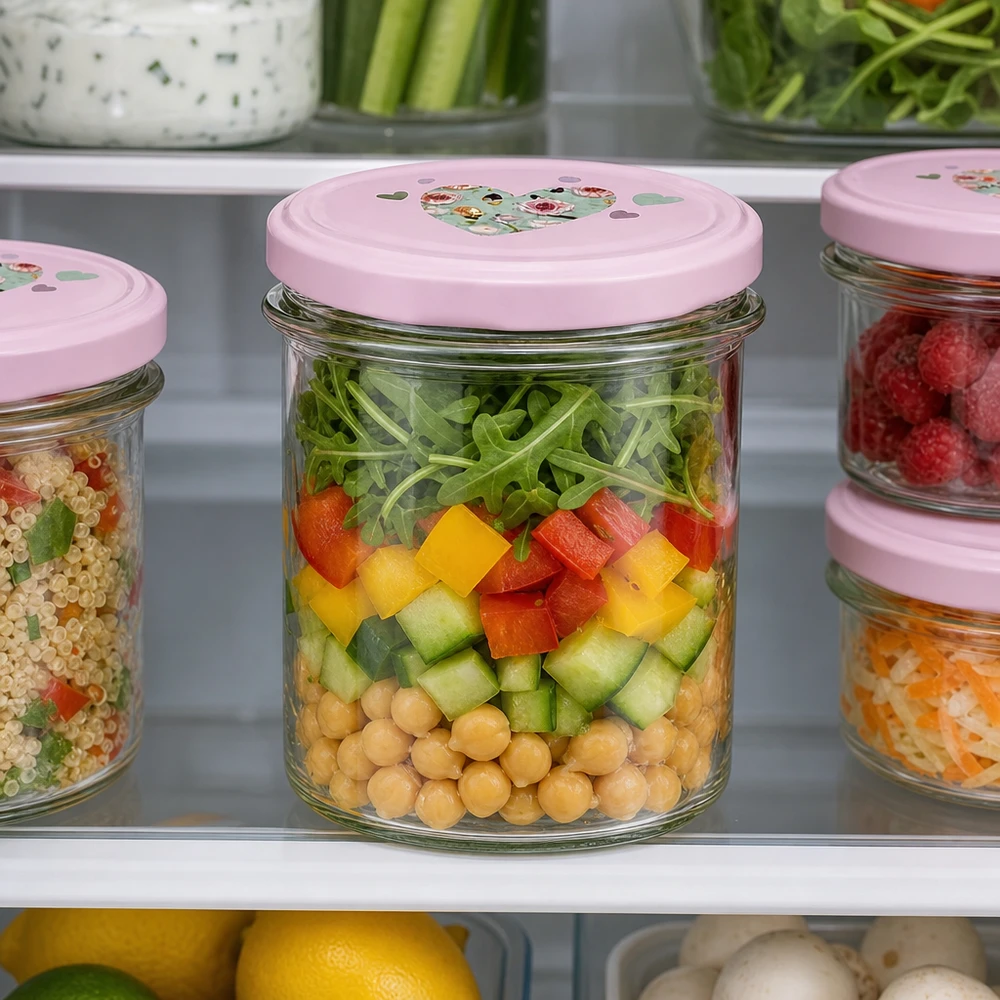 350ml Sturzglas + BasicSeal Deckel Herz rosa UNiTWIST 350ml Sturzglas rosa Herzdeckel Kühlschrank Meal Prep Salat Chickpeas Gemüse Vorratshaltung frische Lebensmittel