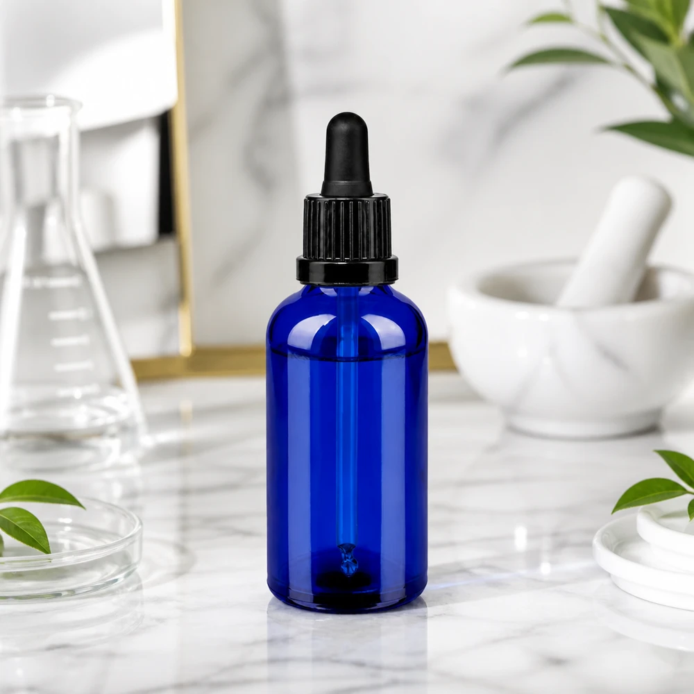Elegante flacone contagocce blu con superficie opaca - design moderno per prodotti di alta qualità