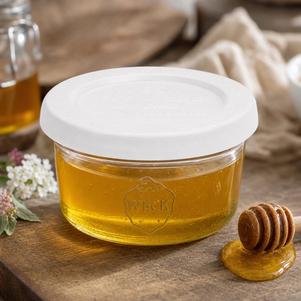 50ml Sturzglas mit Frischedeckel WECK RR60 50ml WECK Sturzglas RR60 mit Honig gefüllt und Honiglöffel auf rustikalem Holztisch in gemütlicher Küche