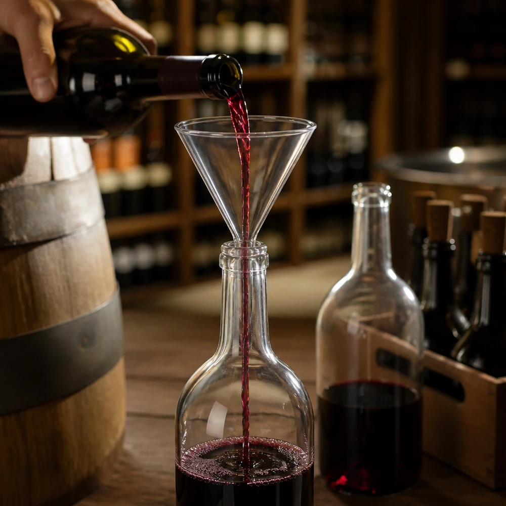 Imbuto in vetro trasparente da 100 mm con stelo corto per la decantazione professionale di vino e liquidi