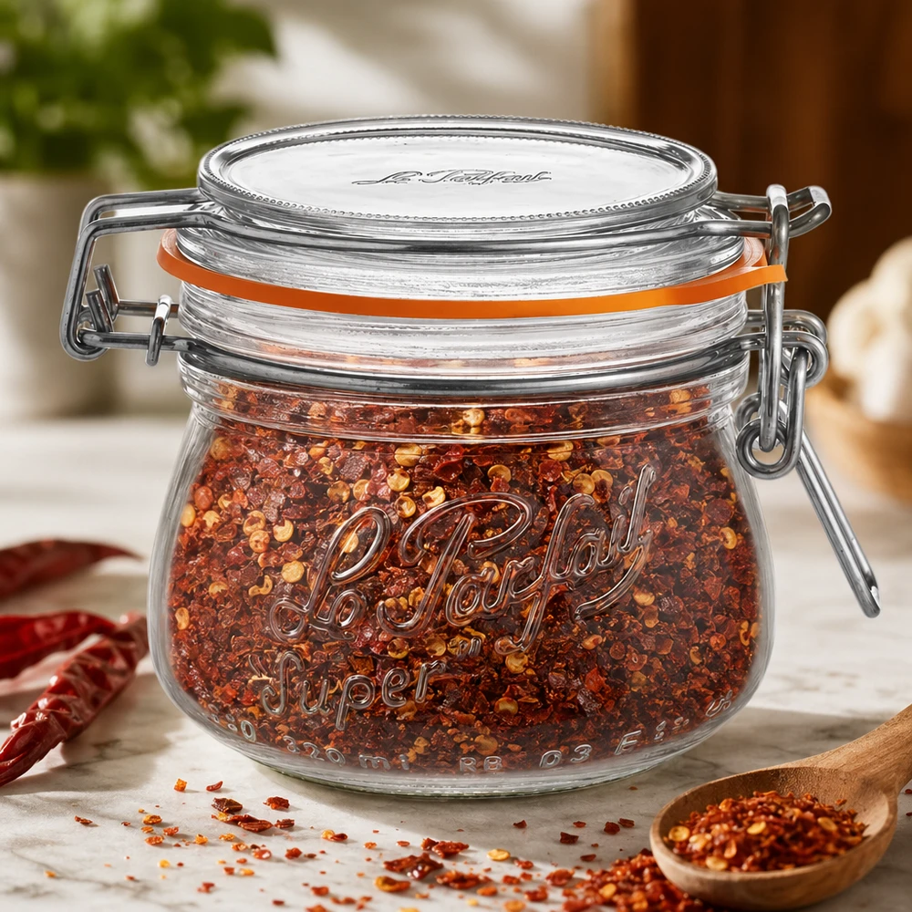 Vasetto Le Parfait® 250 ml Ø70 mm conserve Barattolo Le Parfait da 250 ml con tappo girevole riempito di miscela di spezie al peperoncino su tavolo di legno