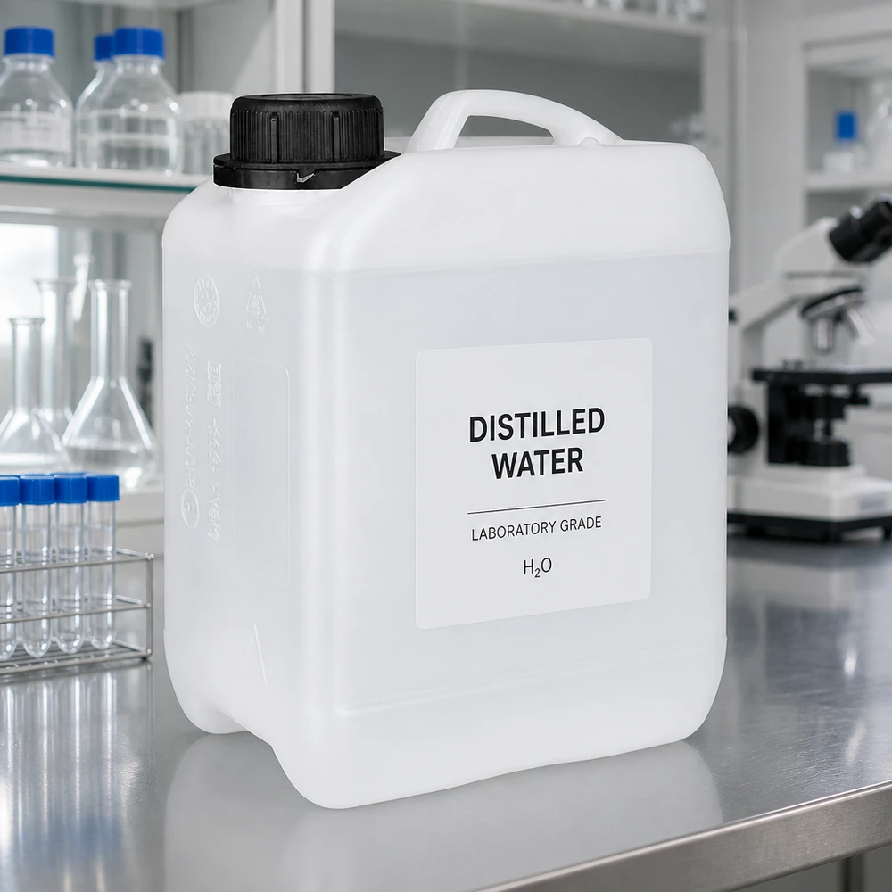 Bidon de 2.5 litres avec bouchon vissable bouchon d'inviolabilité Bidon de laboratoire de 2,5 litres en PEHD blanc, muni d'un bouchon OV noir, pour l'eau distillée