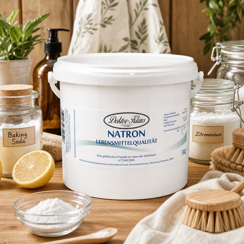 Detergente ecologico Natron Doktor Klaus 5kg accanto a limone e lievito in polvere su un tavolo di legno