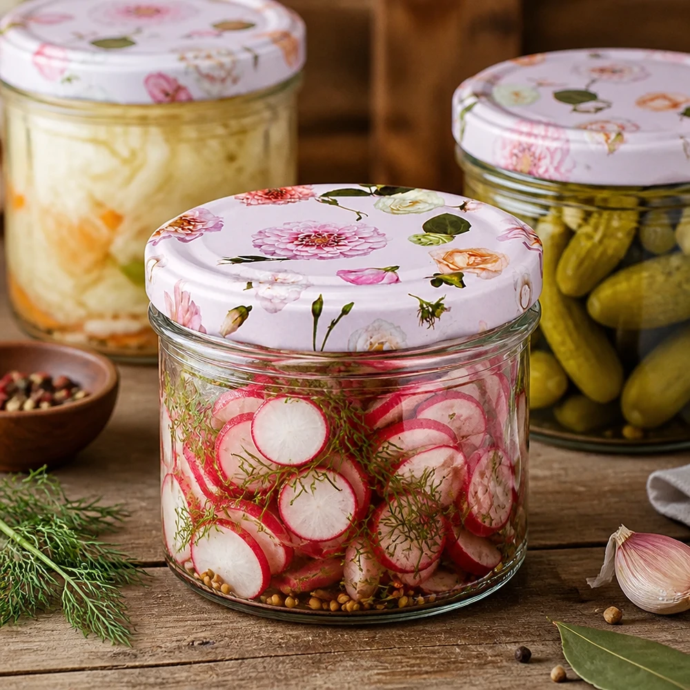 225ml Sturzglas + BasicSeal Deckel Blume rosa UNiTWIST 225ml Sturzglas mit floralem Deckel zum Einmachen von Gemüse und Pickles - Fermentation und Konservierung