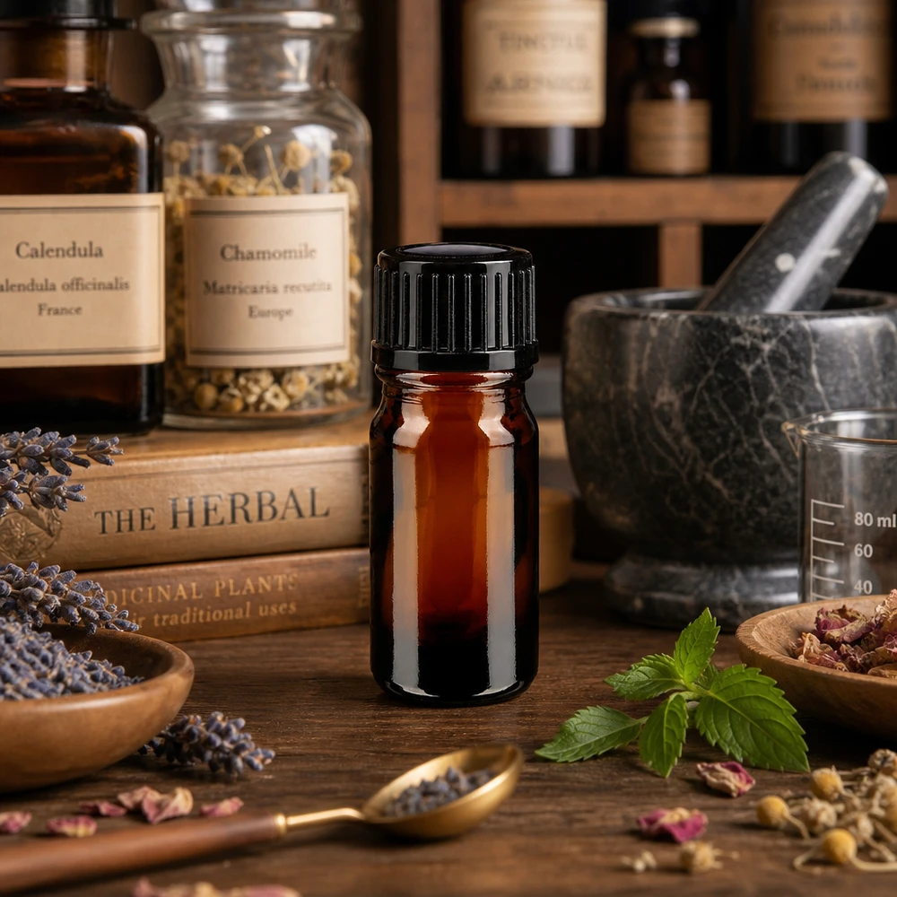 Apothekenflasche braun 5ml Schraubverschluss schwarz Standard Bernsteinfarbene 5ml Apothekerflasche SV STD schwarz umgeben von getrockneten Heilkräutern