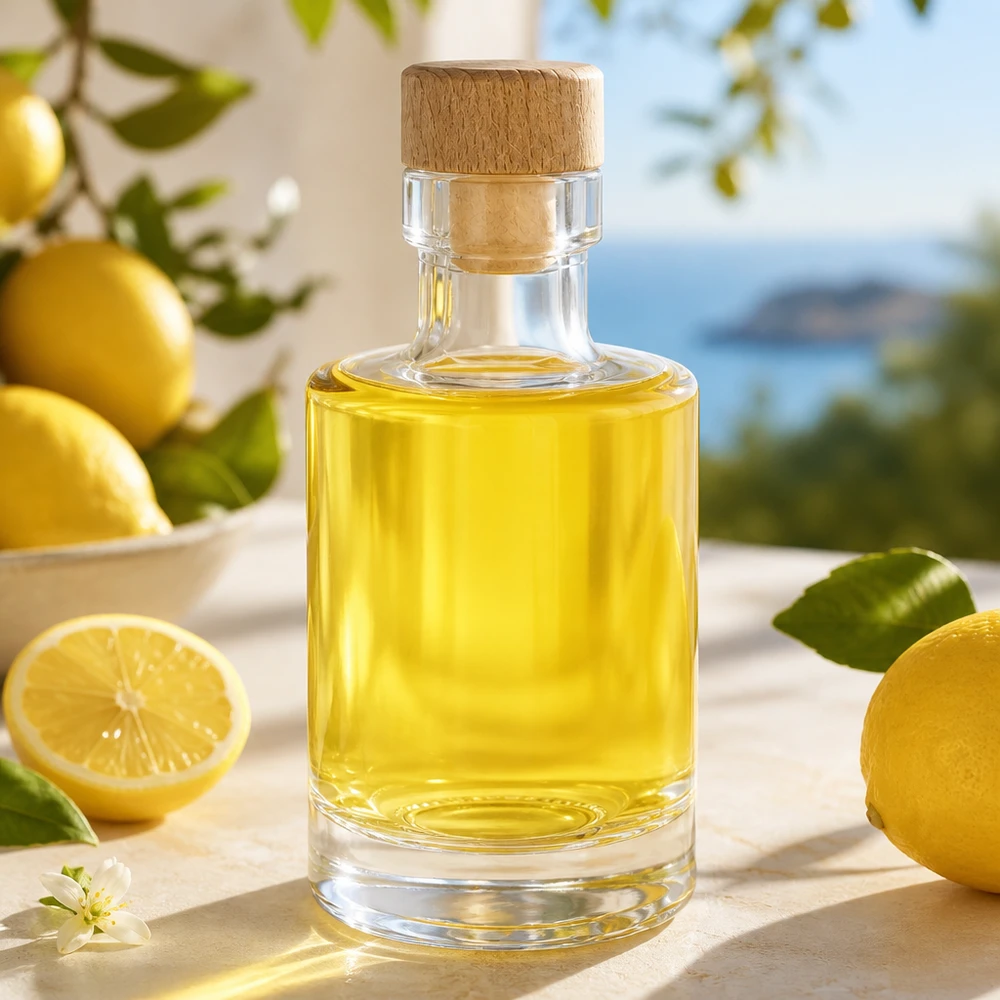 Bottiglia di vetro da 100 ml Marie con tappo di legno riempita di olio al limone in una cucina soleggiata con limoni freschi e foglie di agrumi