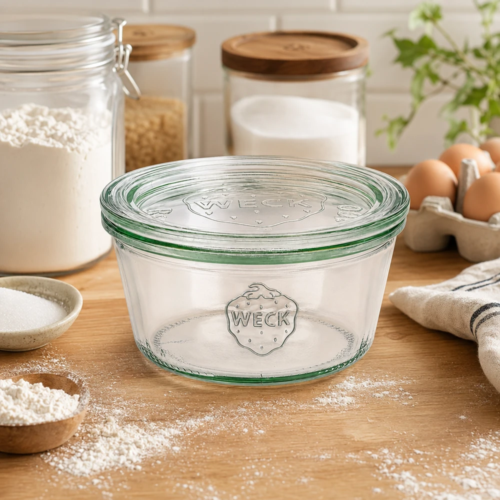Bocal WECK RR100 de 290 ml, à bord évasé et couvercle en verre WECK Sturzglas 290ml RR100 in Küche mit Mehl Eiern und Vorratsgläsern als Backzubehör und Aufbewahrungslösung