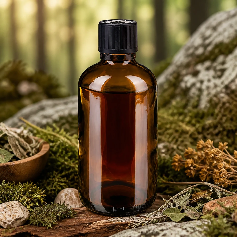 Apothekenflasche braun 100ml Tropfer Premium 1mm schwarz Kindersicherung Blindenwarnsymbol Originalitätsverschluss Dunkle Apothekerflasche 100ml mit Tropfverschluss auf Baumrinde mit grünem Moos und Naturkräutern