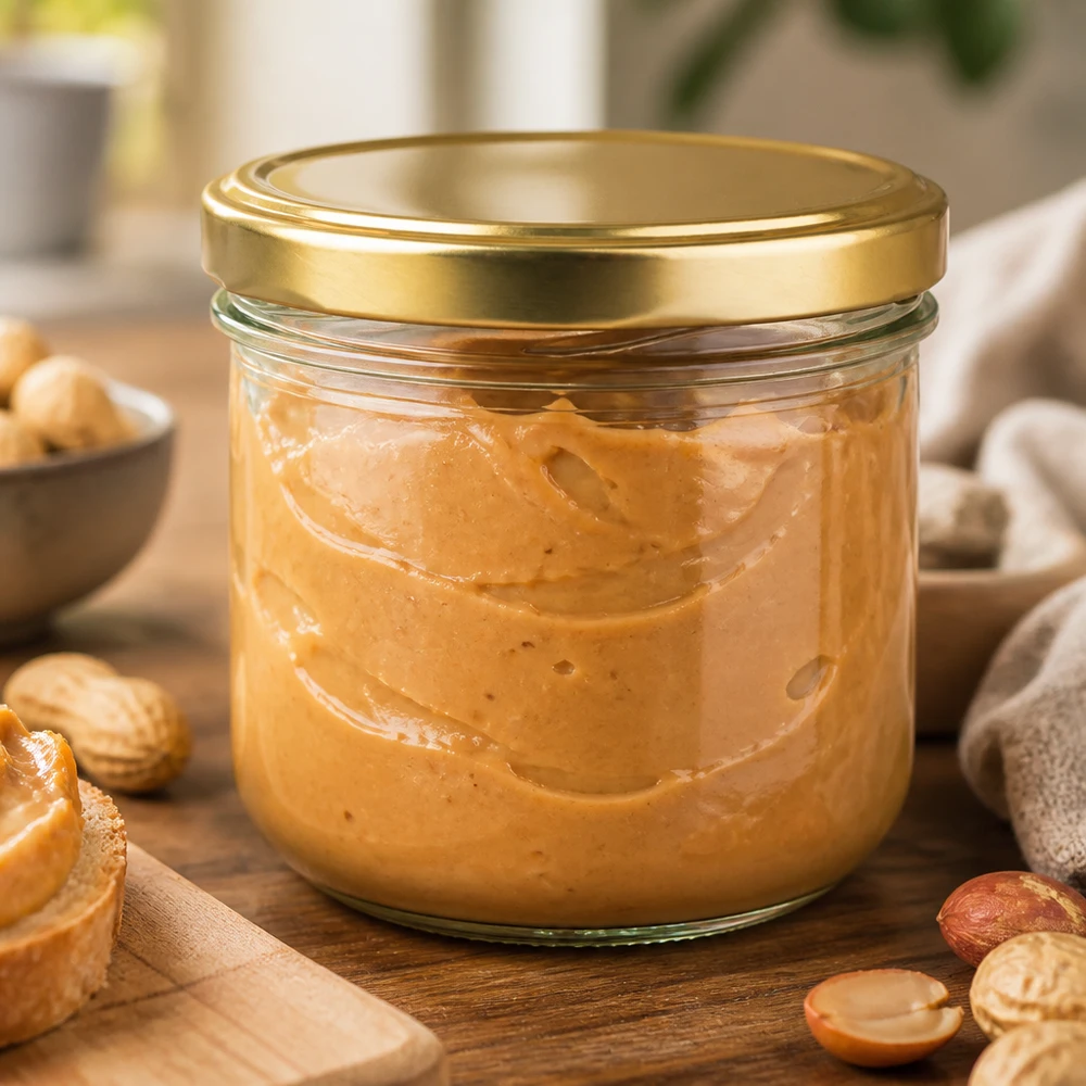 260ml Sturzglas mit BasicSeal Deckel gold UNiTWIST 260ml Sturzglas mit Erdnussbutter befüllt BasicSeal Deckel gold UNiTWIST umgeben von Nüssen auf Holzbrett