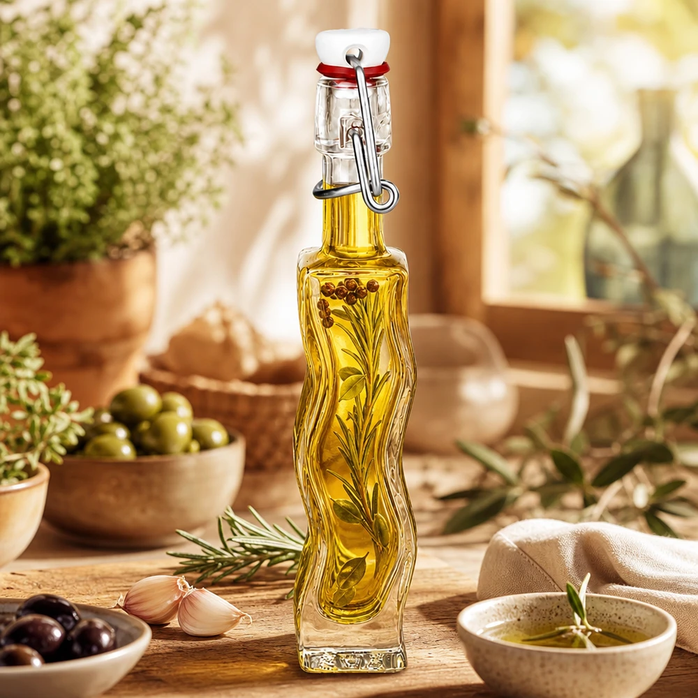 Bottiglia di vetro da 40 ml Anna riempita di olio alle erbe, decorazione mediterranea con olive e rosmarino su un tavolo di legno