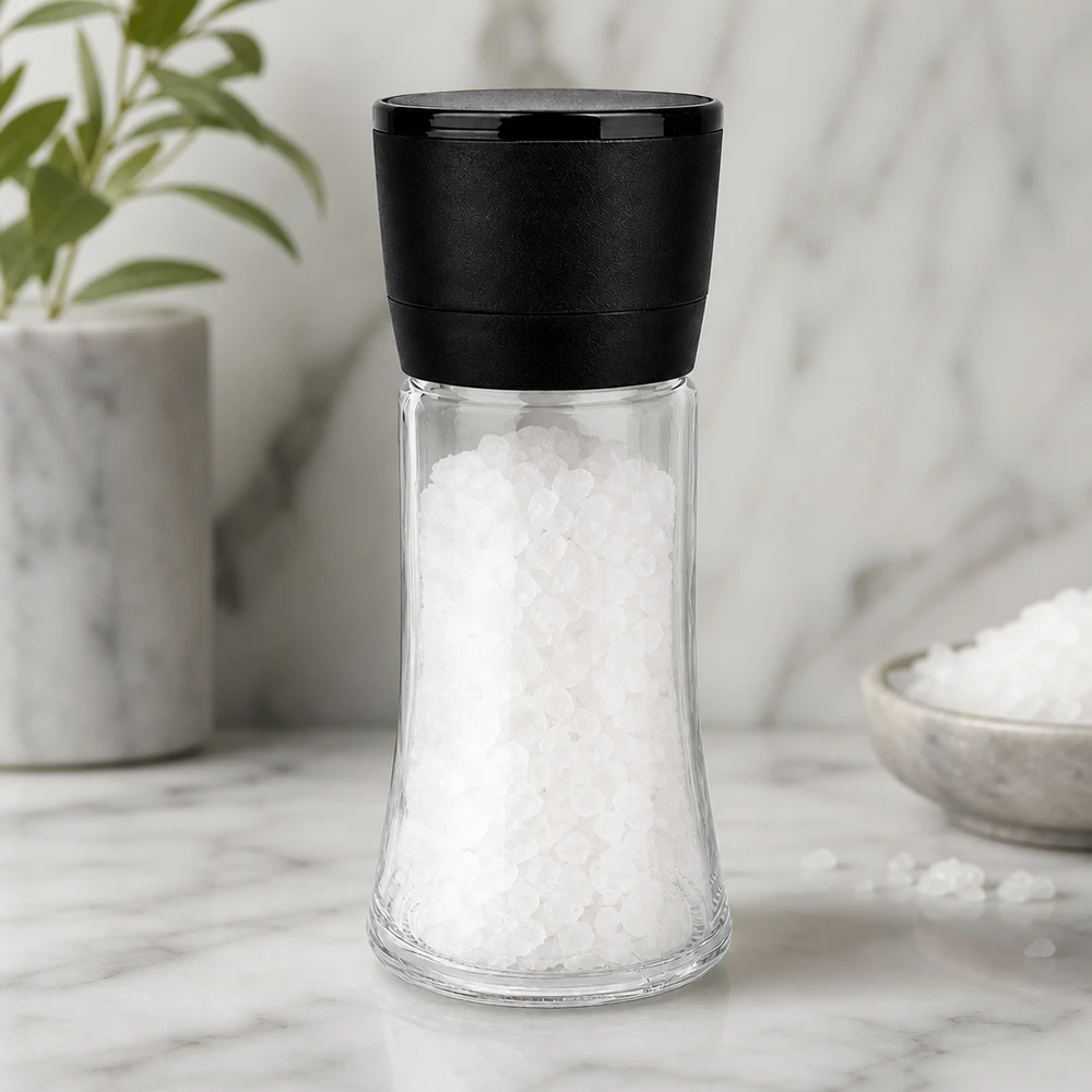 Pot à sel/épices 95 ml avec moulin Vario noir Kompakte Salzmühle Vario 95ml in Trichterform mit schwarzem Deckel auf weißer Marmorfläche