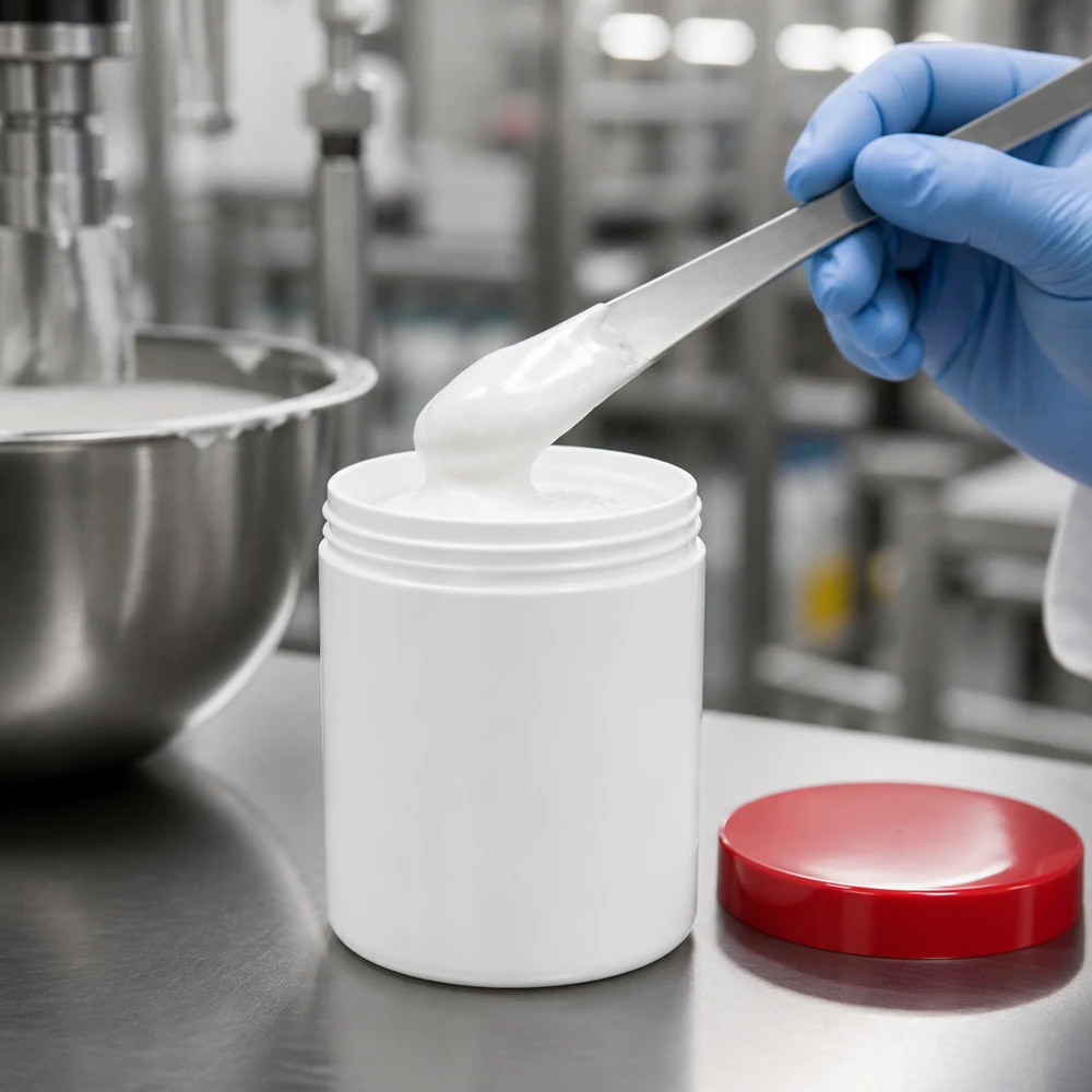 Pot à pommade blanc ouvert de 50 g avec couvercle en PP rouge, destiné au conditionnement professionnel de crèmes