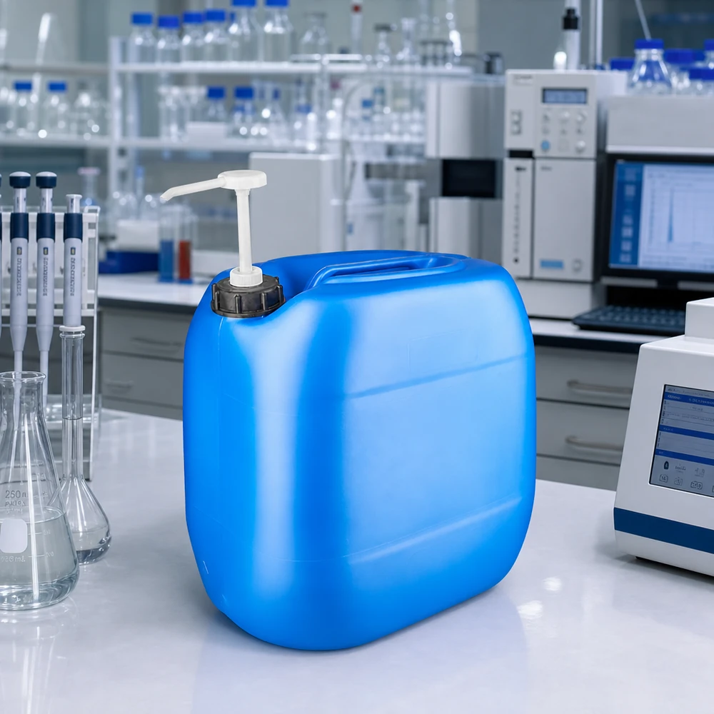 Bidon de 30 litres bleu avec pompe doseuse Bidon bleu en PEHD de 30 L muni d'un distributeur à pompe, posé sur une paillasse blanche au milieu d'appareils de laboratoire