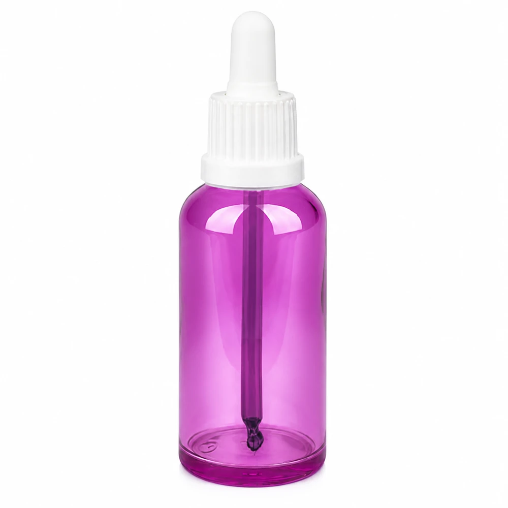 Flacone dosatore in vetro viola da 50 ml con pipetta bianca per sieri e oli