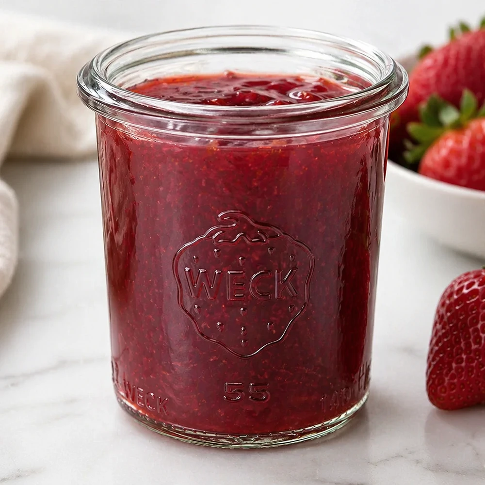 Bicchieri da 140 ml WECK RR60 Bicchieri WECK 140ml RR60 riempiti di marmellata di fragole rosse accanto a fragole fresche su una superficie bianca