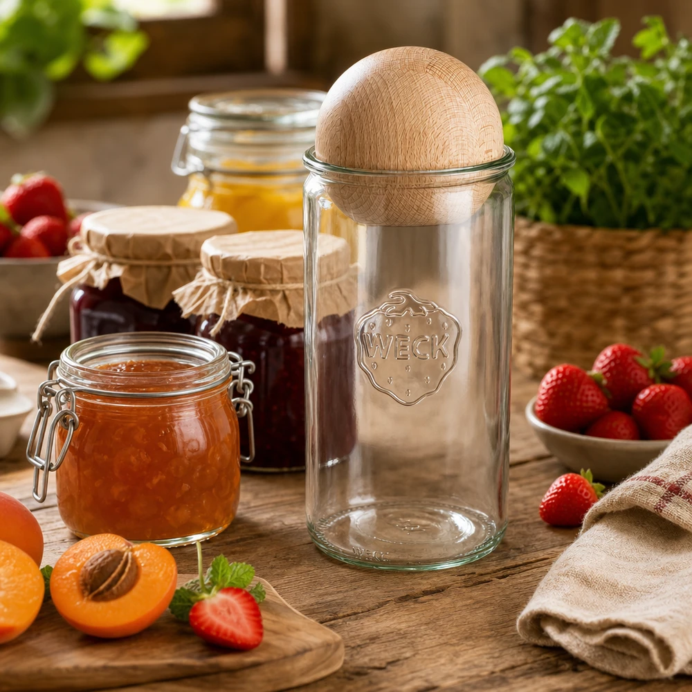 Vaso cilindrico da 1590 ml WECK RR100 con sfera in legno di faggio Vaso WECK 1590ml RR100 con sfera in legno di faggio in cucina tra marmellate, frutta fresca ed erbe aromatiche