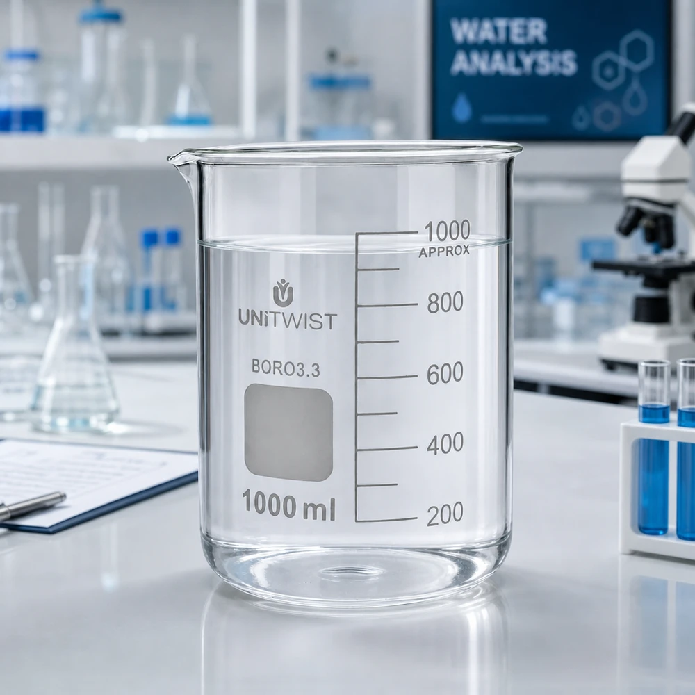 Becherglas 1000ml Borosilikat, niedrige Form UNiTWIST UNiTWIST Laborglas 1000ml Borosilikat niedrige Form mit Skala 200 bis 1000ml