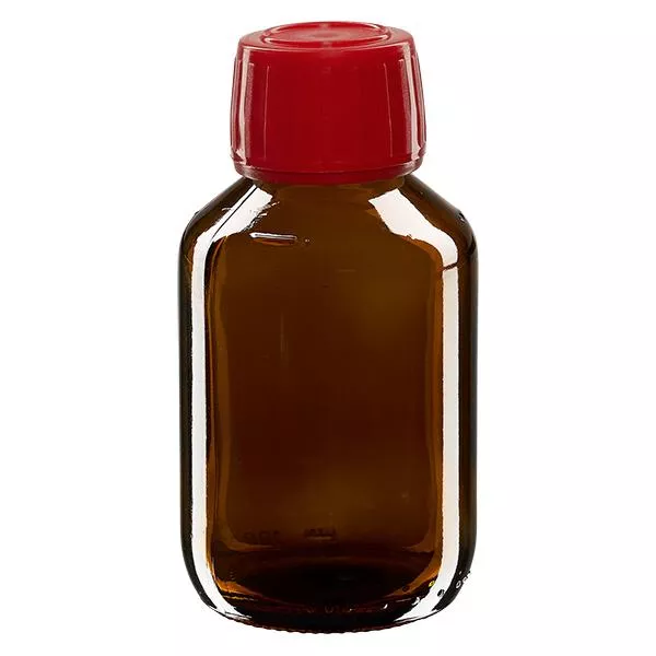 100ml Medizinflasche braun, Verschluss rot mit Originalitätsring ApoGlas