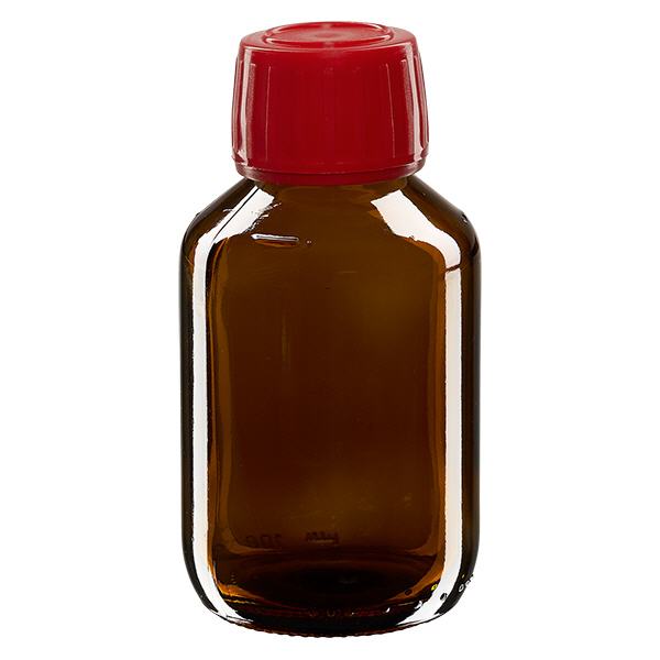 Flacone per medicinali da 100 ml marrone, tappo rosso con chiusura antimanomissione Flacone per medicinali da 100 ml marrone, tappo rosso con chiusura antimanomissione