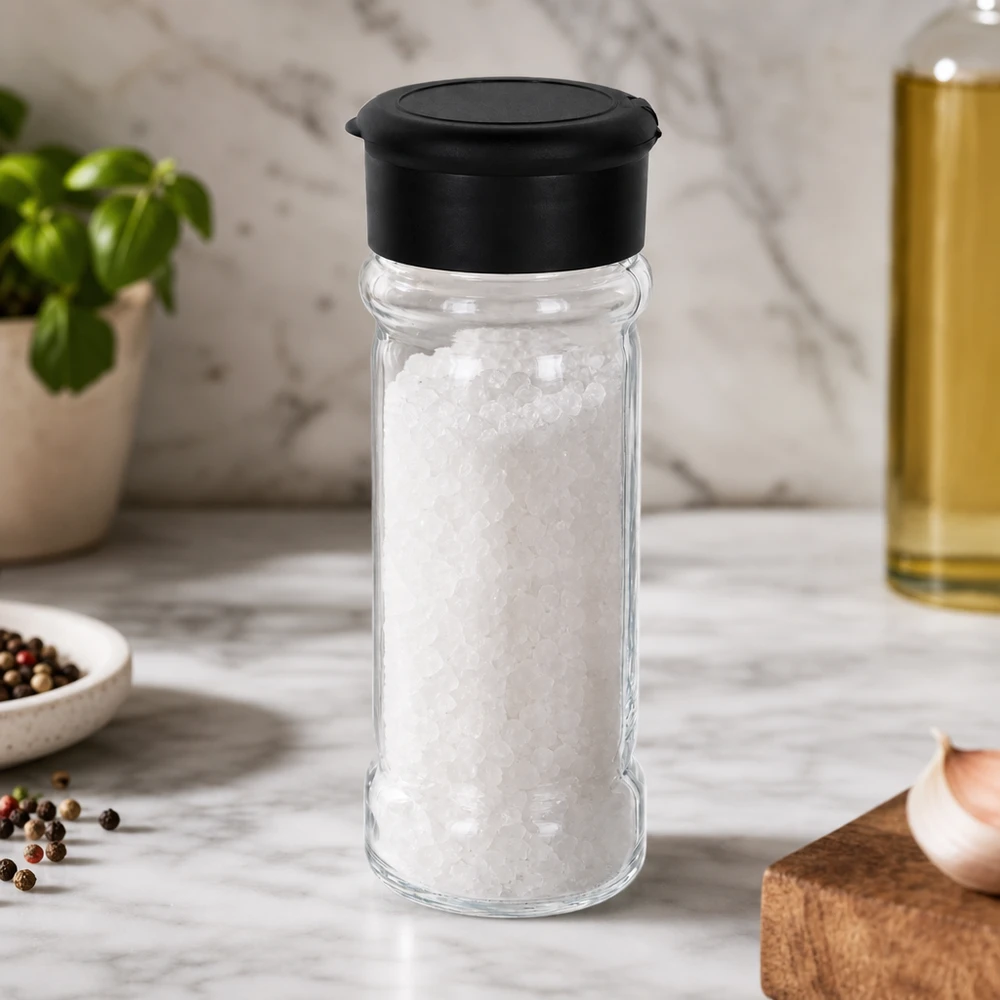 Gewürzglas 100ml mit grobkörnigem Salz befüllt und schwarzem Flip-Top-Streuer