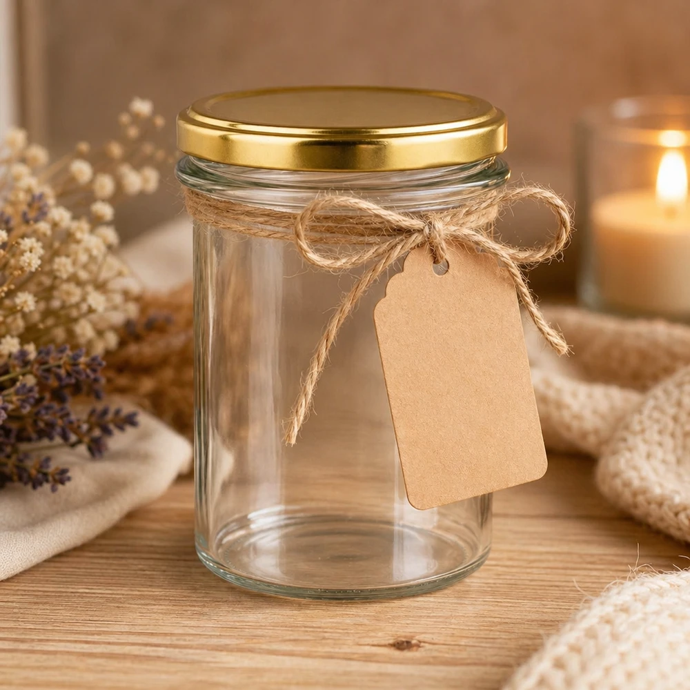 230ml Sturzglas mit BasicSeal Deckel gold UNiTWIST 230ml Sturzglas mit goldenem BasicSeal Deckel UNiTWIST dekorativ mit Juteschnur und Papieranhänger als Geschenkidee